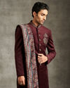 Maroon Velvet Elegance Indo Western Set with Embroidered Brooch and Printed Stole